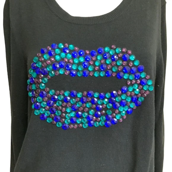 Nordstrom Halogen Black Bedazzled Blue Green Lip Beaded Sweater sz XL - Picture 2 of 7